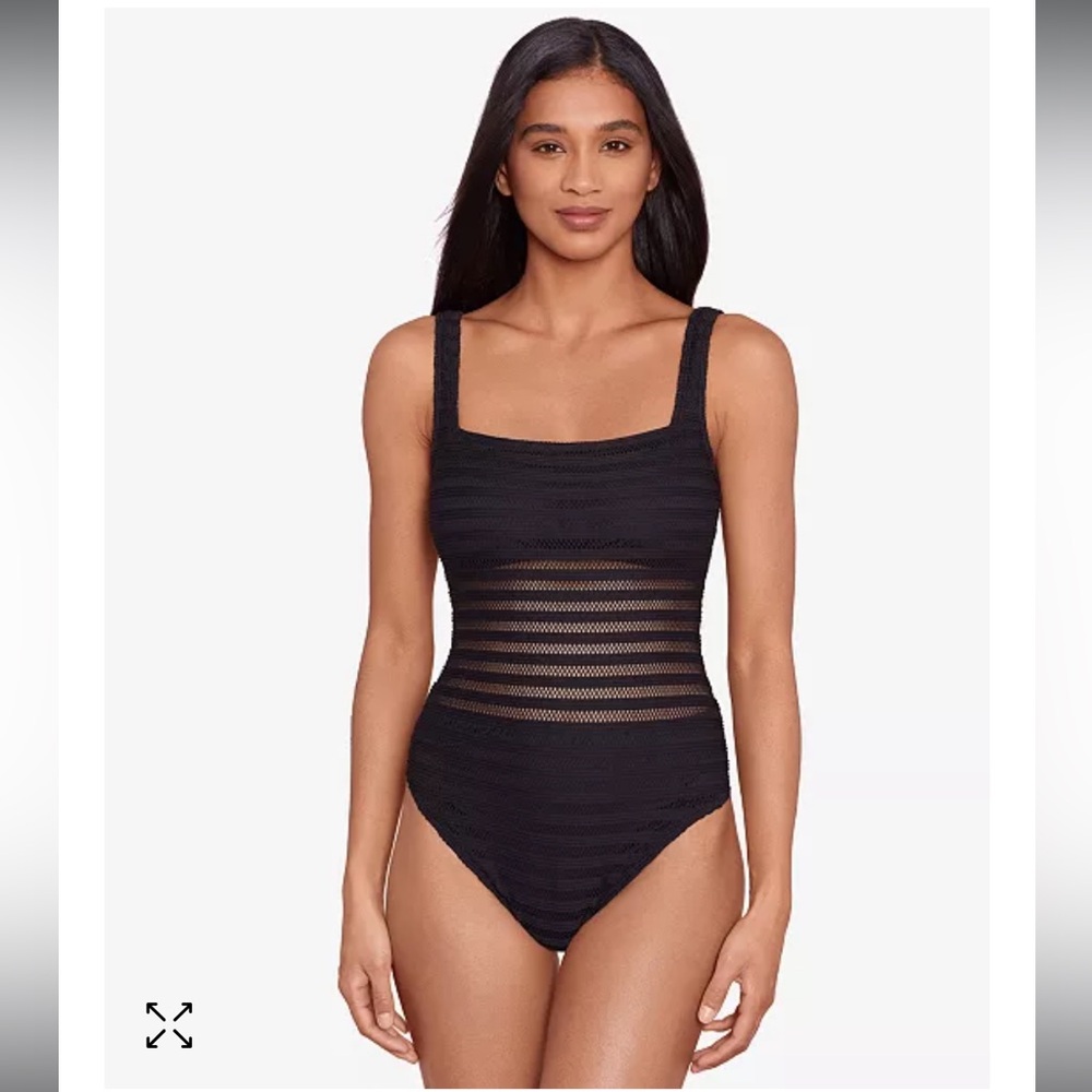 NWT Ralph Lauren Women’s Ottoman Mesh Square‎ Neck One Piece Swimsuit. Black 14